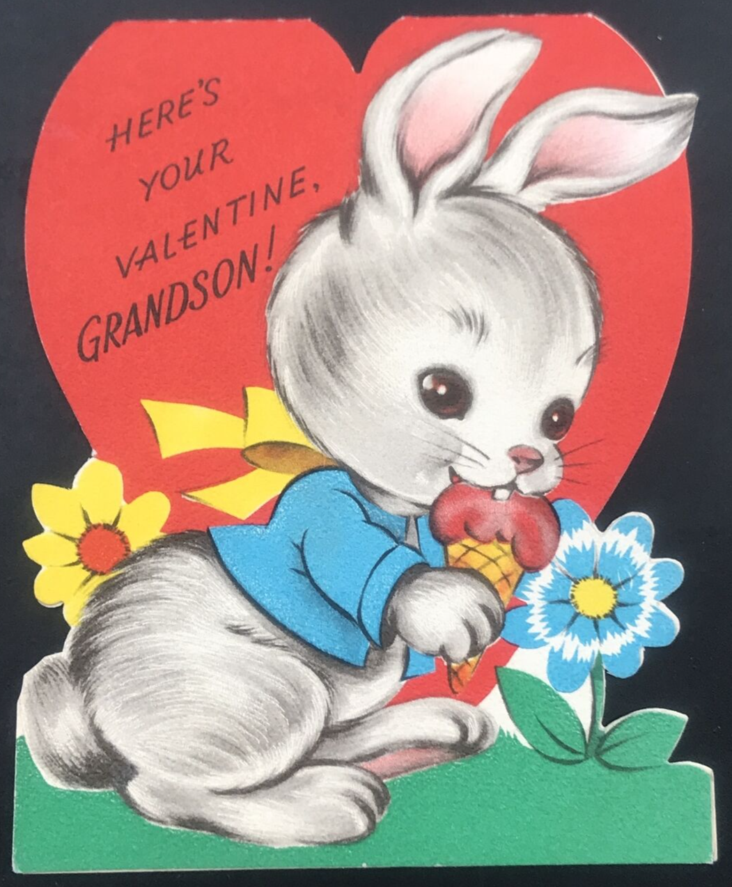 Primary image for Vintage Bunny Rabbit w/ Ice Cream Grandson Valentine's Day Greeting Card USA