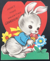 Vintage Bunny Rabbit w/ Ice Cream Grandson Valentine&#39;s Day Greeting Card... - $10.39