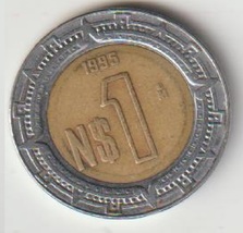 1995 Mexico $1 Peso Bimetallic aluminium bronze in stainless steel ring ... - $1.89