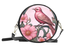 Round Sling Purse Art Nouveau Pink Bird 8 Inches PU Leather - £38.16 GBP