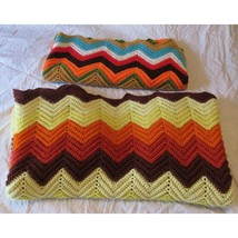 Vintage Crocheted Afghan Handmade Chevron Yellow Blue Brown Fall Colors Throw - £13.84 GBP+