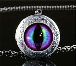 Blue Purple Eye Cabochon LOCKET Pendant Silver Chain Necklace USA Shipper #21 - $15.00