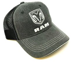 Dodge Dark Grey &amp; Black Ram Logo Curved Bill Mesh Trucker Snapback Hat - £13.83 GBP