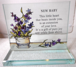 Tinted Heavy Glass Desk Plaque Paperweight NEW BABY Poem Potted Flowers 4 1/2&quot;T - £19.56 GBP