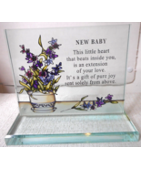 Tinted Heavy Glass Desk Plaque Paperweight NEW BABY Poem Potted Flowers ... - $24.74