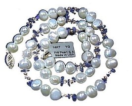 14k Solid Yellow Gold Fresh Water Pearl &amp; Amethyst Bead Necklace - £99.91 GBP