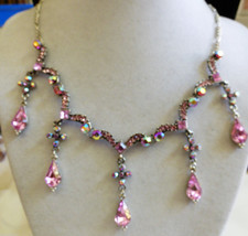 White gold plated chain Pink Crystal  Rhinestones Necklace Bridal 18&quot;L - £27.16 GBP