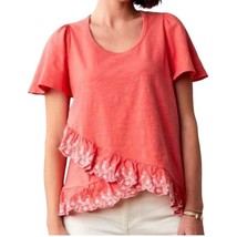 Matilda Jane Women&#39;s Coral Blouse Size M White Eyelet Ruffle Top Flutter Sleeves - £20.82 GBP