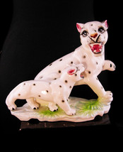 BIG Cat statue / White leopard and baby - ceramic Jaguar spotted figurin... - $95.00