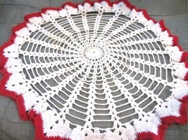 White With Red Trimmed 14&quot; Doily, Handmade Doily, Crocheted Doily, Cente... - $15.00