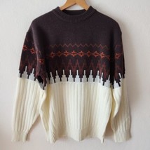 Vintage 80s Siltin Brown White Orangr Zig Zag Ski High Neck Pullover Sweater L  - £32.14 GBP