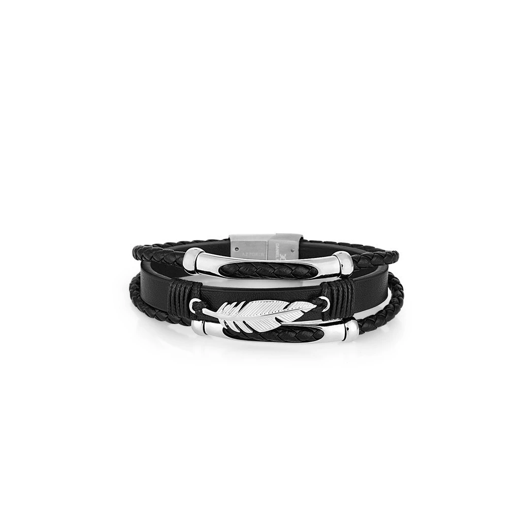 Daniel Klein Foliage Men&#39;s Bracelet DKJ.5.2007 Silver Multi Layer Leather  - $99.99