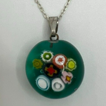 Murano Glass Handcrafted Green Millefiori Pendant &amp; 925 Sterling Silver Necklace - £22.48 GBP