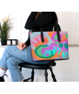 Colorful Abstract Art Vegan Leather Large Shoulder Bag Tote Bag Handbag - £77.08 GBP