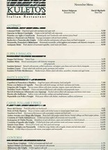 Kuleto&#39;s Italian Restaurant November Dinner Menu San Francisco Californi... - £21.88 GBP