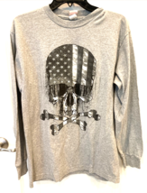 Hot Leathers T-Shirt Mens Medium Grey Skull American Flag Crew Neck Moto... - $11.76