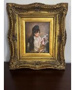 Antique Gilt Framed Portrait Painting Woman with Flowers - Early 20th Ce... - $485.10