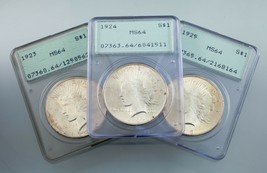 Lot of 3 PCGS Peace Dollars 1923-1925 OGH MS64 Great Lot! - $623.70