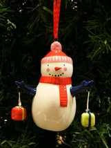 Handpainted Ceramic Snowman w/ Hat Scarf &amp; 2 Presents Christmas Ornament - £10.35 GBP