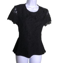 LULUs Size Small Black Lace Open Back Top Peplum Hem Cap Sleeve - £9.87 GBP