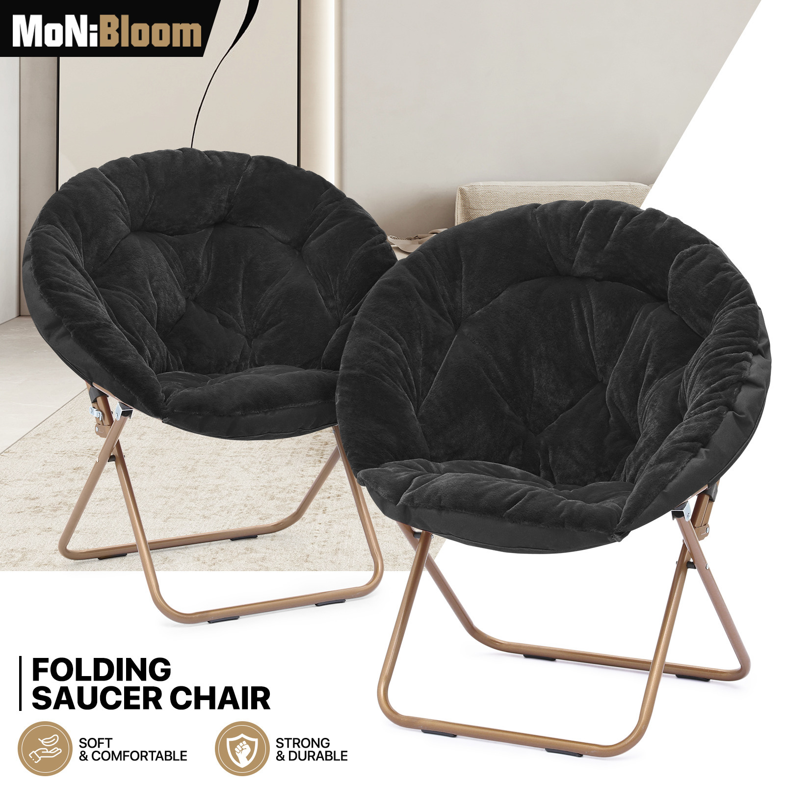 Black Set Of 2 Foldable Lazy Saucer Accent Chair Soft Faux Fur Moon Lounge Seat