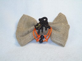Large Halloween Hair Bow ~ Burlap w/Black Cat Wooden Charm &amp; Beads. - £7.84 GBP