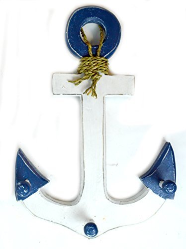 16" Blue and White Hand Carved Wood Ship Anchor with Hooks Nautical Wall Deco... - £19.71 GBP