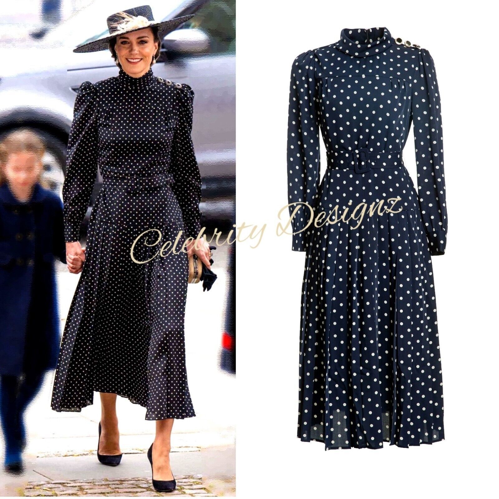 Kate Middleton Inspired Victorian Navy Polka Dot Print Puffy Pleated Dress OZ