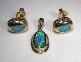 14K Yellow Gold Blue Opal Necklace Pendant &amp; Stud Earrings Set Oval C3640 - £542.32 GBP
