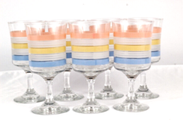 Vintage Retro Set of 7 Pastel Striped Stemmed Water Wine Glasses 12 Oz - £38.71 GBP