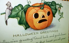 Halloween Fantasy Postcard Whitney Checker Border Ghost Gnome Pixie Original NH - £64.66 GBP