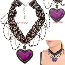 Purple Heart Charms Pendant Collar Gothic Lace Lolita Beads Choker Punk Necklace - £31.96 GBP