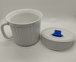 Corning Ware French White 20 Oz Stoneware Cup Mug - Plastic Vented Lid - $9.90