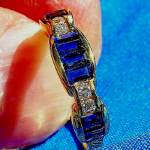 Earth mined Diamond Sapphire Deco Wedding Band Anniversary Ring 18k Gold - £1,468.40 GBP