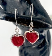 Heart shaped red felt ball earrings, silver coated metal framed heart earrings,  - £15.92 GBP