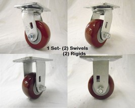 4&quot; x 2&quot; Swivel Caster Polyurethane Wheel (2) &amp; Rigid (2) 500 lbs each To... - £30.15 GBP