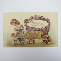 Postcard Greeting Valentine Antique Girl Dress Purple Glitter Flowers Embossed - £7.97 GBP