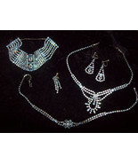 Blue Rhinestone Jewelry Set Vintage Antique Wide Bracelet Earrings Neckl... - €107,74 EUR