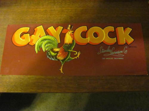 GAY COCK vegetable label, 1940s'40s, mint vintage - $12.50