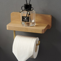 Beech wood toilet paper towel holder with shelf, Brass tissue roll holder - £52.75 GBP