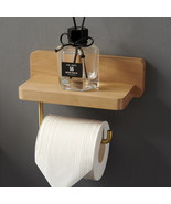 Beech wood toilet paper towel holder with shelf, Brass tissue roll holder - $90.52 CAD