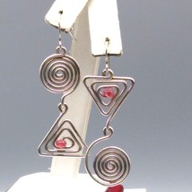 Sterling Silver Spiral Wire Earrings with Pink Bead, Concentric Circle and Trian - £47.84 GBP