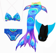 HOT!Kids Mermaid Tail With Monofin Fancy Girl Royal Blue Swimsuit Bikini Costume - £26.36 GBP