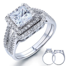 1.5 Carat Princess Created Diamond 925 Sterling Silver Engagement Ring Set - £104.23 GBP