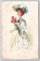 Pretty Lady Blue and White Dress Rose Bouquet Postcard G28 - £5.55 GBP