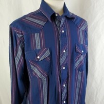 Wrangler Flannel Shirt XL Pearl Snaps L/S Blue Maroon Stripe Workwear Western - £14.96 GBP