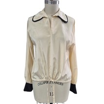 VTg 40s/70s Cream Silk Blouse Drawstring Waist, Contrasting Black Trim  ... - $48.51