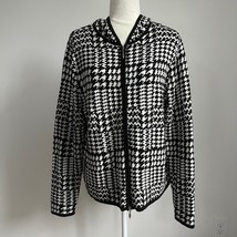 Chico&#39;s Black &amp; White Houndstooth Hooded Cardigan Sweater Silk Blend Medium - $49.99