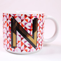West Elm Initial Coffee Mug Gold Letter “N” Cup With Geometric Design Pink Reds  - £7.66 GBP