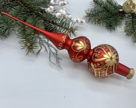 Big red with gold glitter Christmas glass tree topper, Christmas finial - $22.79